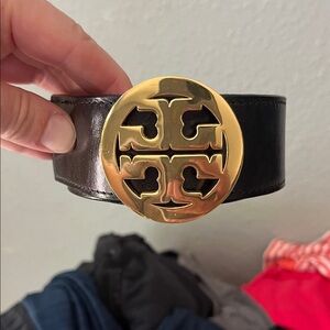 Tory Burch Reversible Black/Brown Leather Belt with Gold Logo Buckle